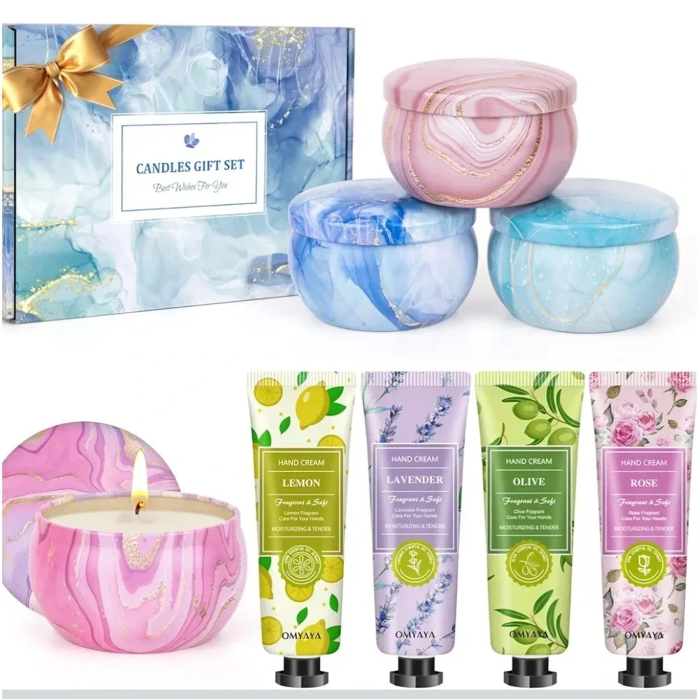 OMYAYA Scented Candles and Hand Cream Gift‎ Set Women 8pc Multicolor Soy Spa Kit
